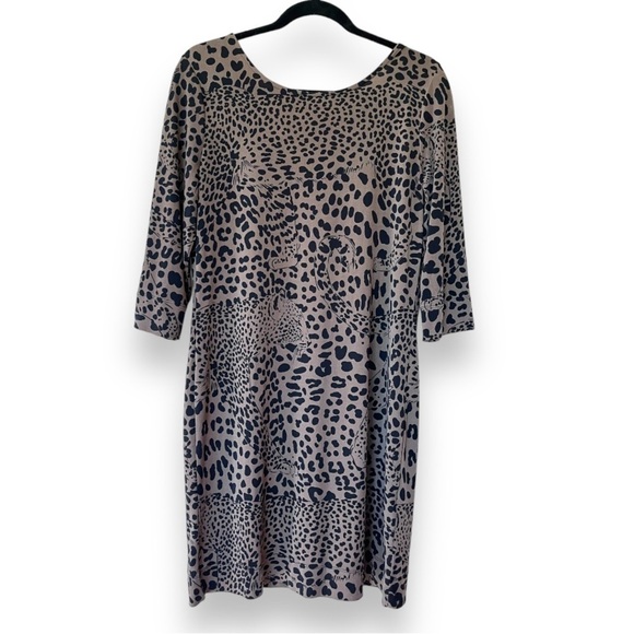 Banana Republic Brown/Black Jaguar Print Scoop Neck 3/4 sleeve Mini Dress - Picture 1 of 3